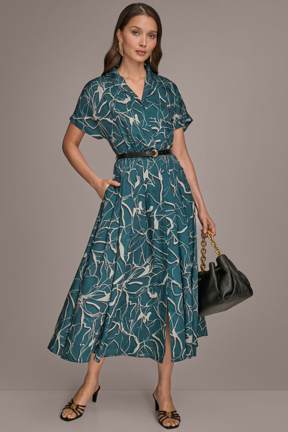 Donna Karan | SHORT SLEEVE FLORAL MIDI SHIRT DRESS