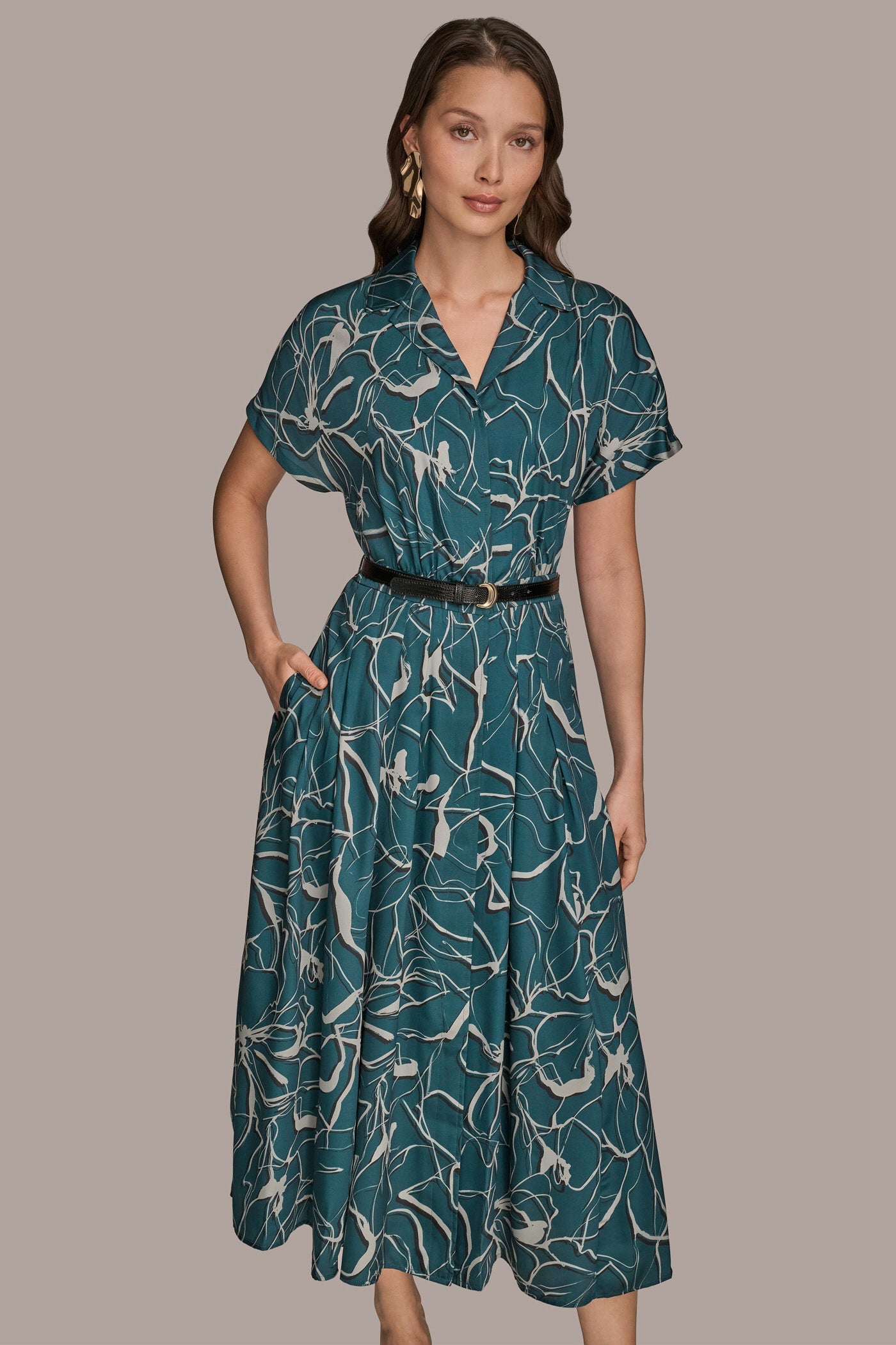 Donna Karan | SHORT SLEEVE FLORAL MIDI SHIRT DRESS