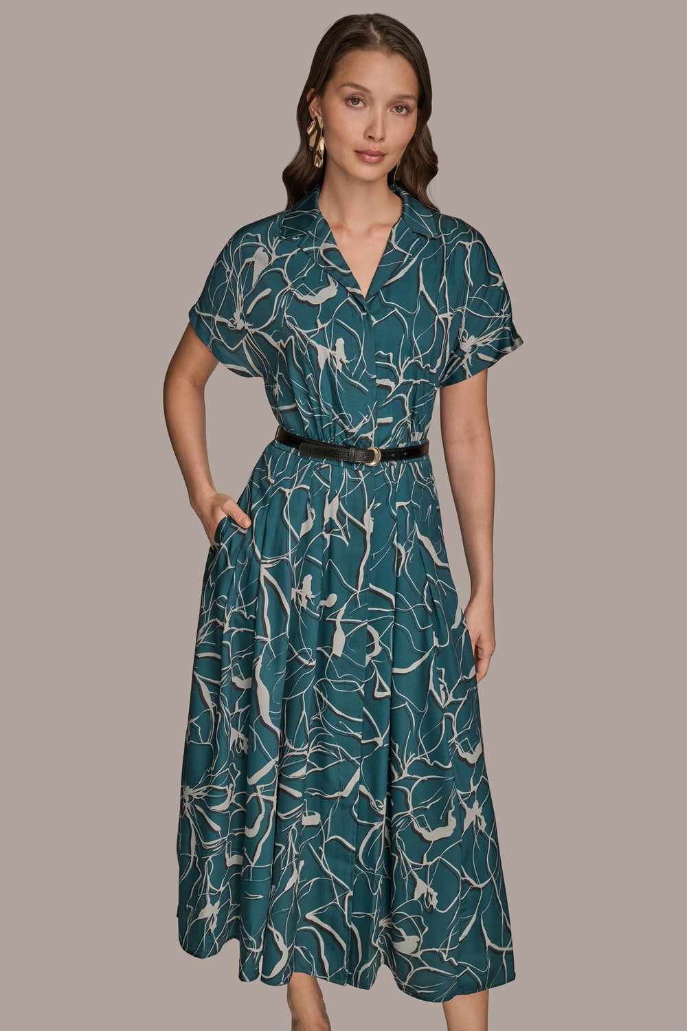 Donna Karan | SHORT SLEEVE FLORAL MIDI SHIRT DRESS