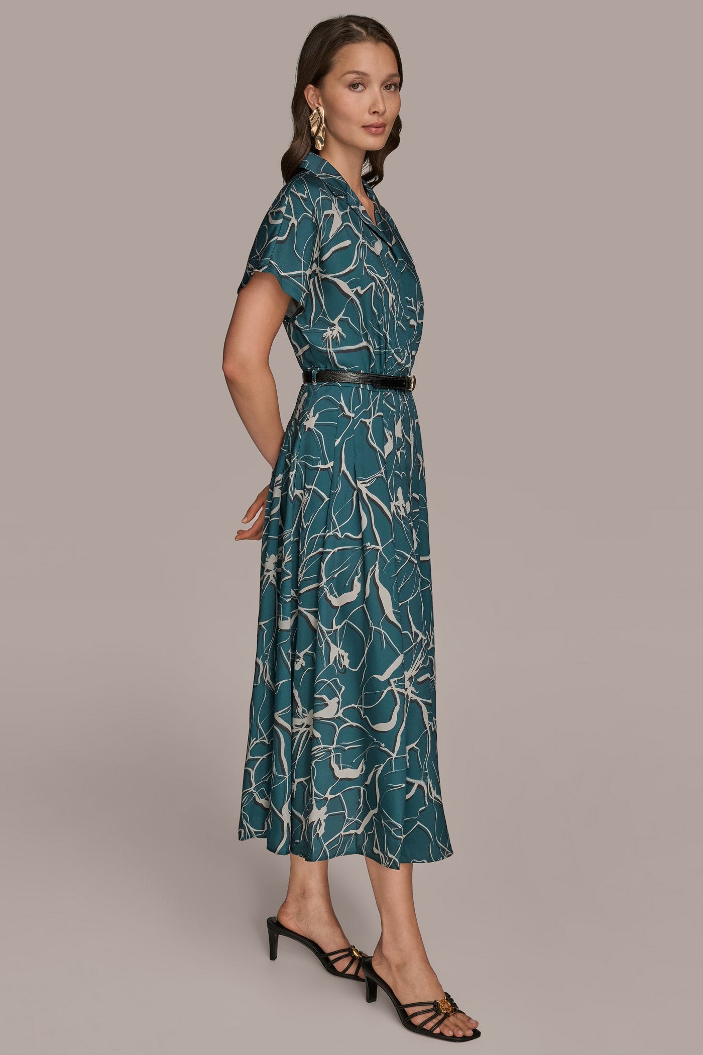 Donna Karan | SHORT SLEEVE FLORAL MIDI SHIRT DRESS