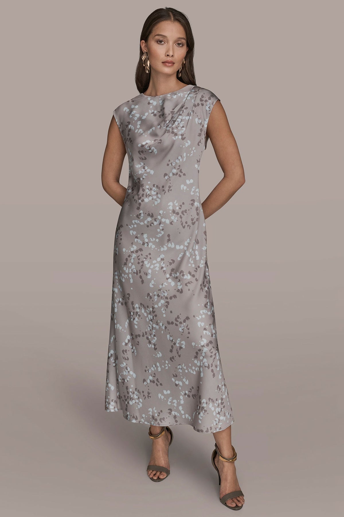 Donna Karan | CAP SLEEVE V-NECK PRINTED MIDI DRESS