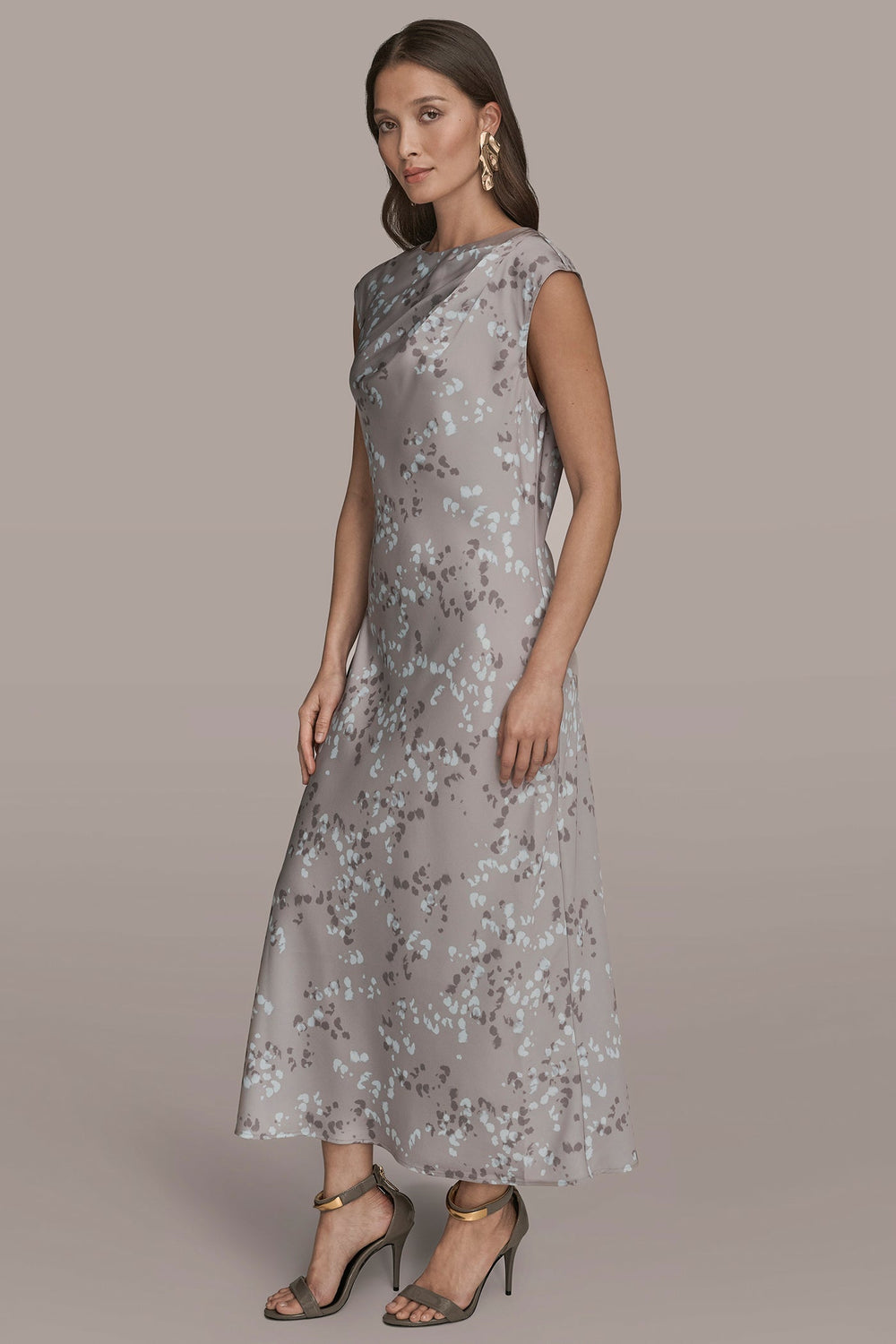 Donna Karan | CAP SLEEVE V-NECK PRINTED MIDI DRESS