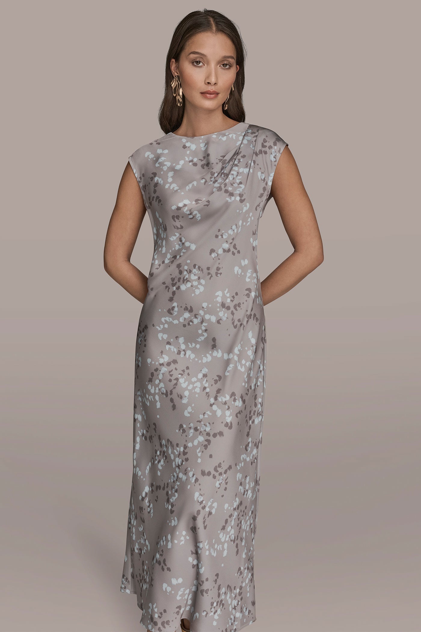 Donna Karan | CAP SLEEVE V-NECK PRINTED MIDI DRESS