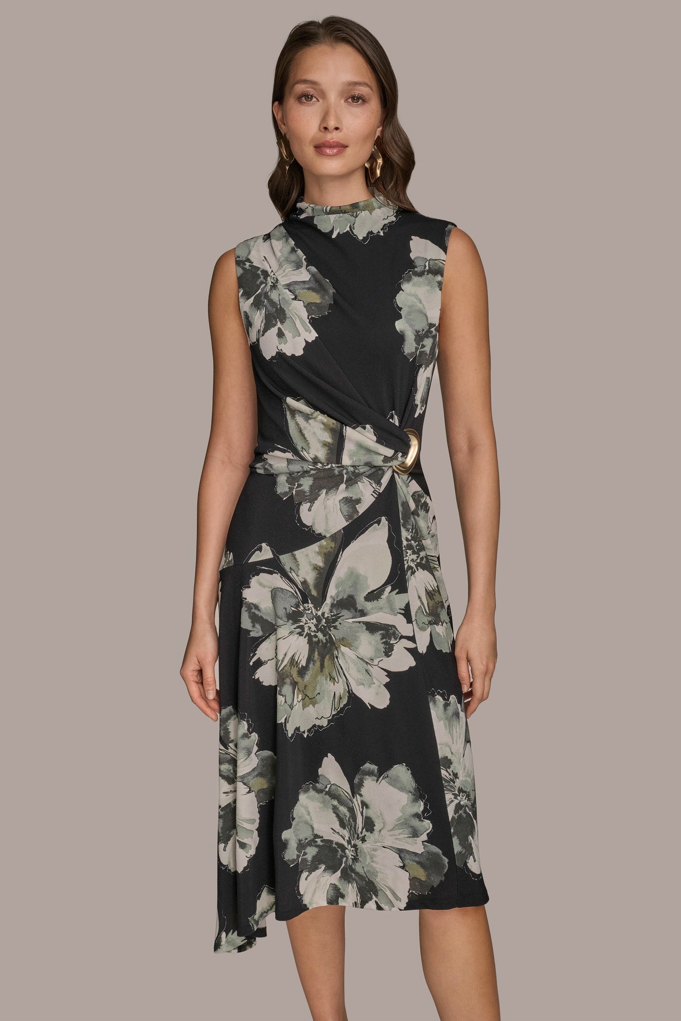 Donna Karan | SLEEVELESS FLORAL TWIST ASYMMETRIC DRESS