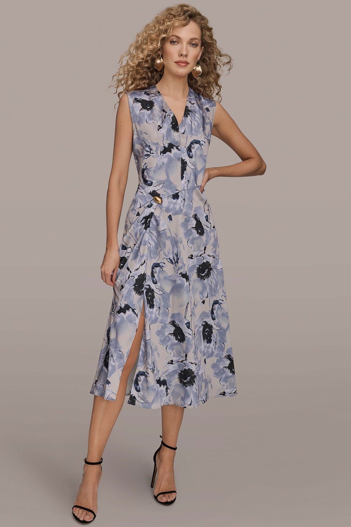 Donna Karan | CAP SLEEVE V-NECK PRINTED MIDI DRESS