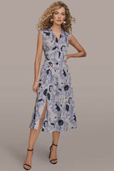 Donna Karan | CAP SLEEVE V-NECK PRINTED MIDI DRESS