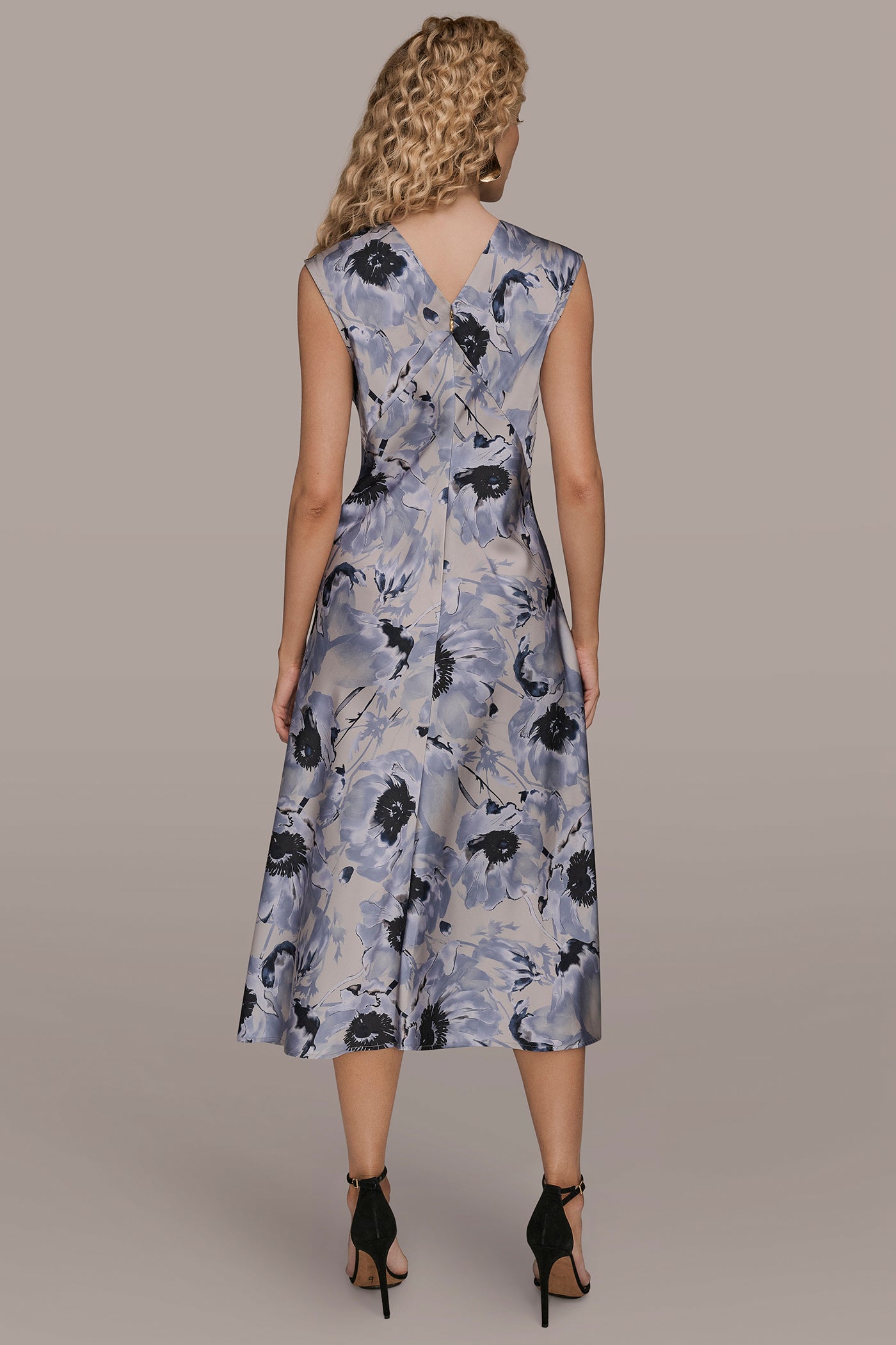 Donna Karan | CAP SLEEVE V-NECK PRINTED MIDI DRESS