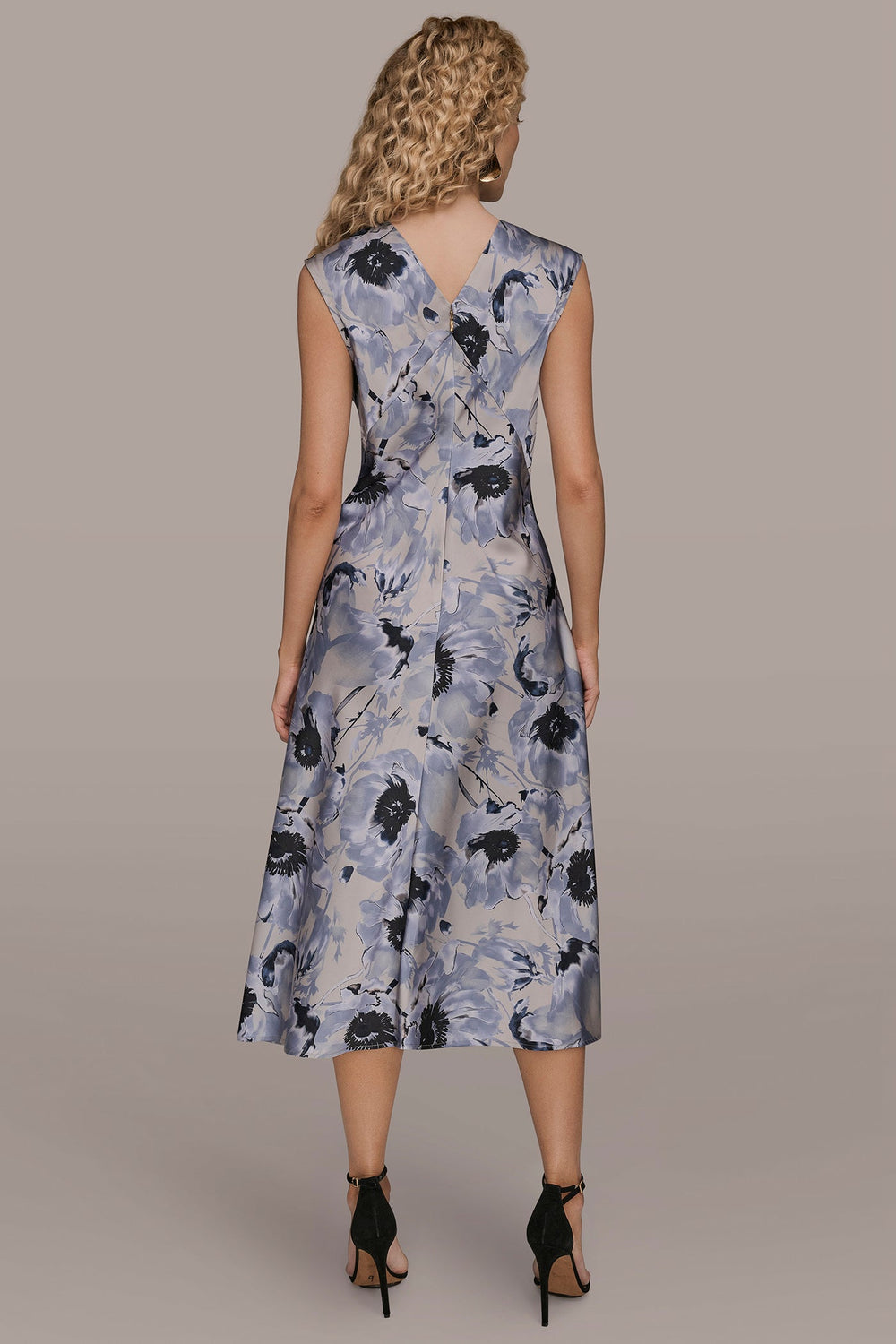 Donna Karan | CAP SLEEVE V-NECK PRINTED MIDI DRESS
