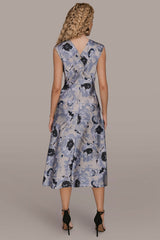 Donna Karan | CAP SLEEVE V-NECK PRINTED MIDI DRESS