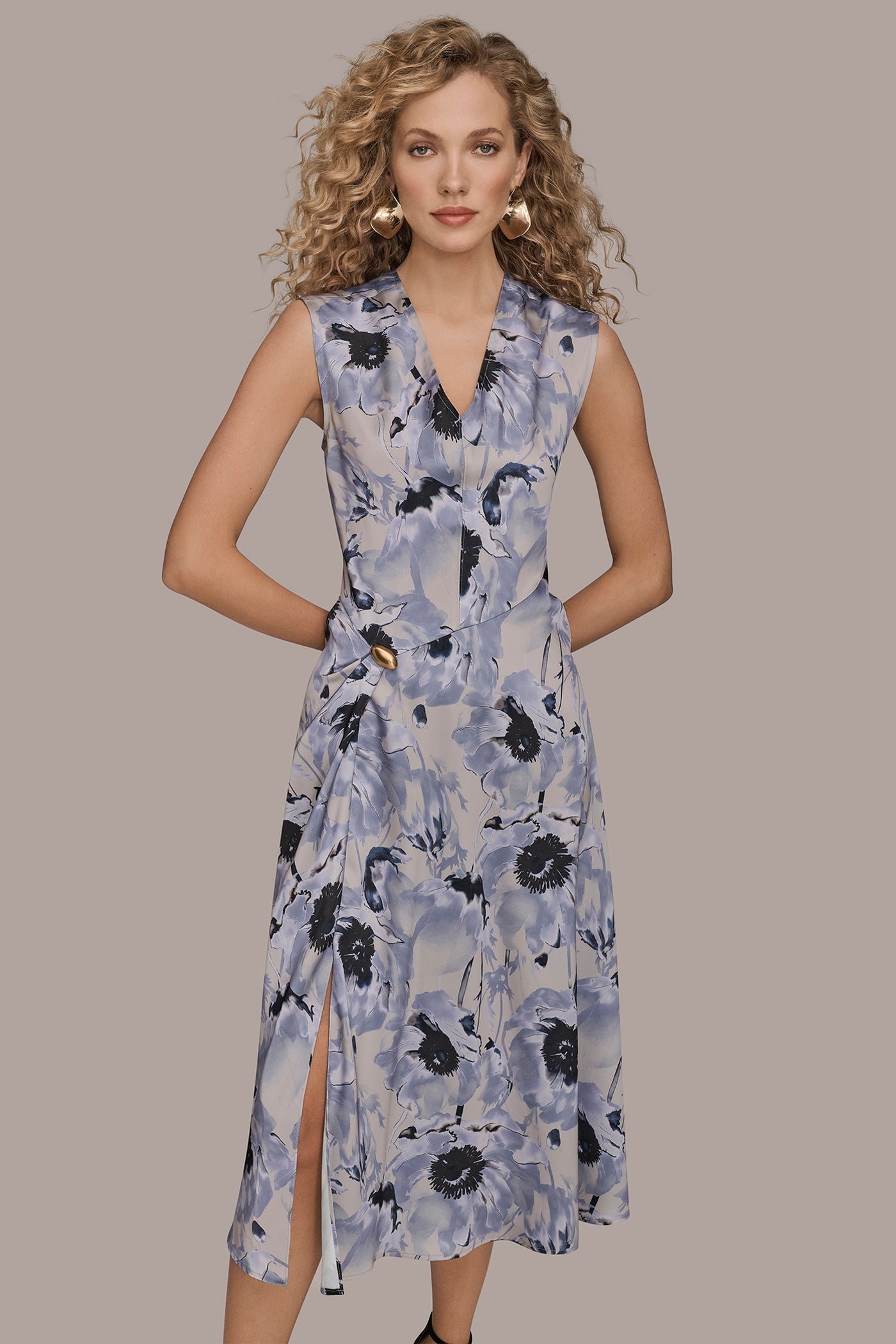 Donna Karan | CAP SLEEVE V-NECK PRINTED MIDI DRESS