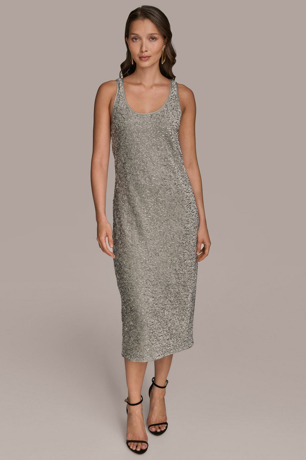 Donna Karan | SLEEVELESS BEADED VELVET MIDI DRESS
