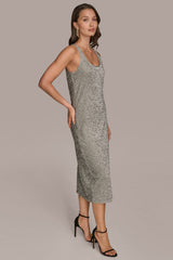 Donna Karan | SLEEVELESS BEADED VELVET MIDI DRESS
