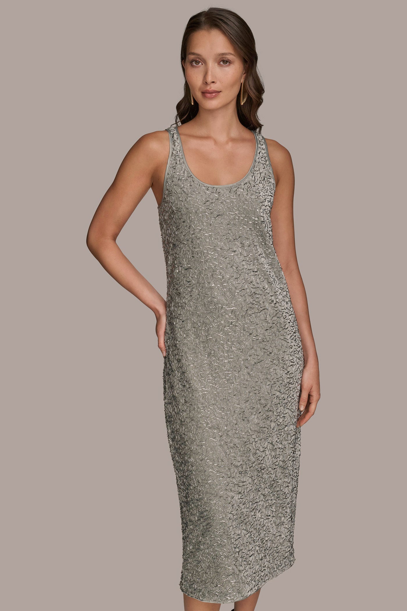Donna Karan | SLEEVELESS BEADED VELVET MIDI DRESS