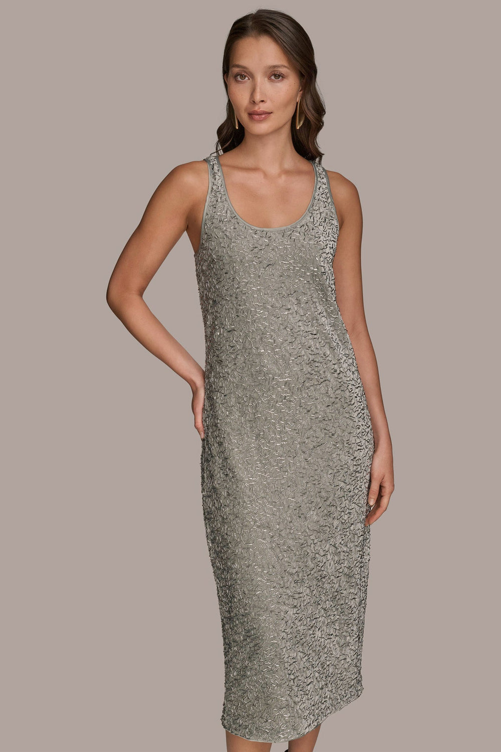 Donna Karan | SLEEVELESS BEADED VELVET MIDI DRESS
