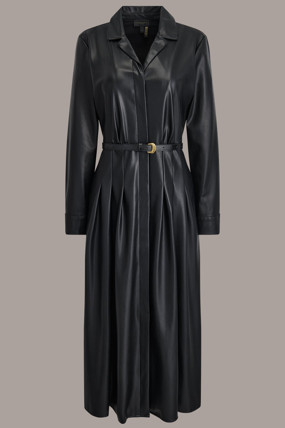 Donna Karan | LONG SLEEVE FAUX LEATHER MIDI SHIRT DRESS