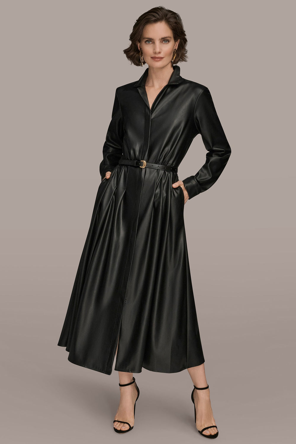 Donna Karan | LONG SLEEVE FAUX LEATHER MIDI SHIRT DRESS