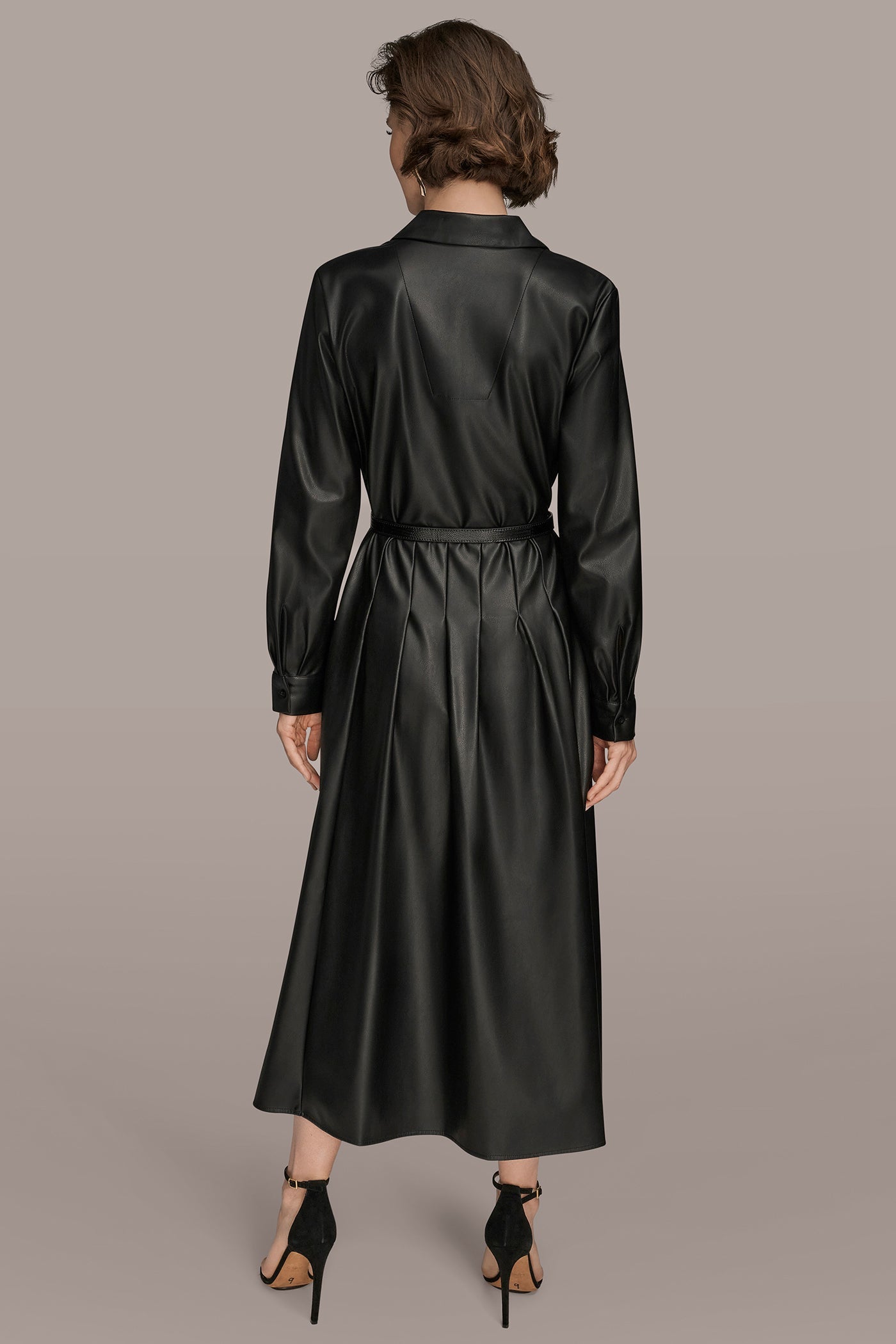 Donna Karan | LONG SLEEVE FAUX LEATHER MIDI SHIRT DRESS