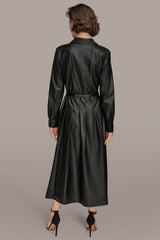 Donna Karan | LONG SLEEVE FAUX LEATHER MIDI SHIRT DRESS