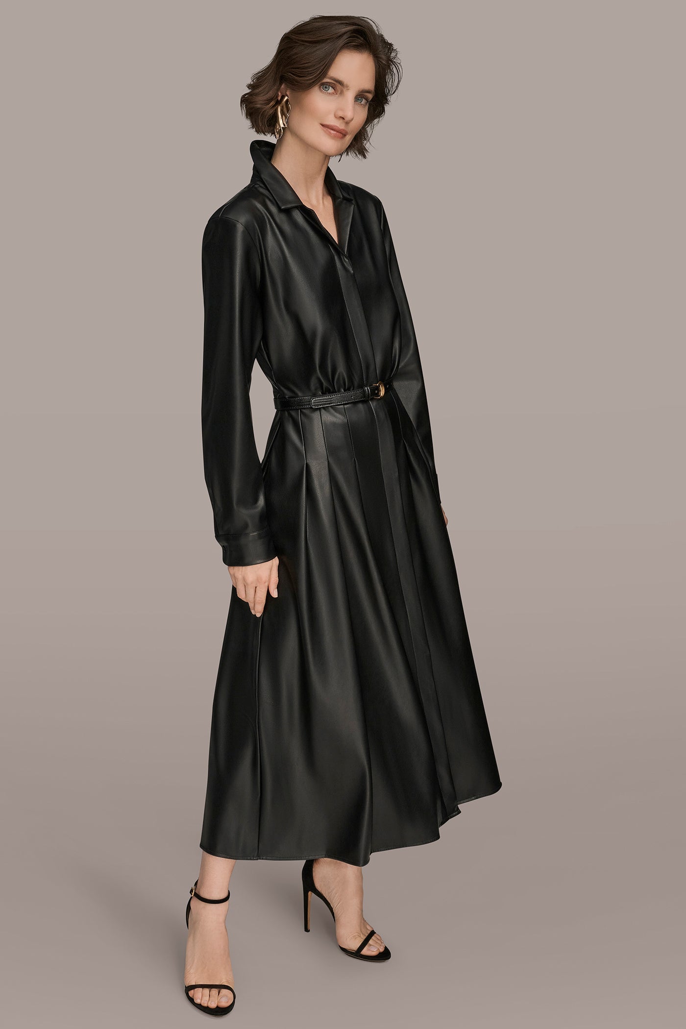 Donna Karan | LONG SLEEVE FAUX LEATHER MIDI SHIRT DRESS