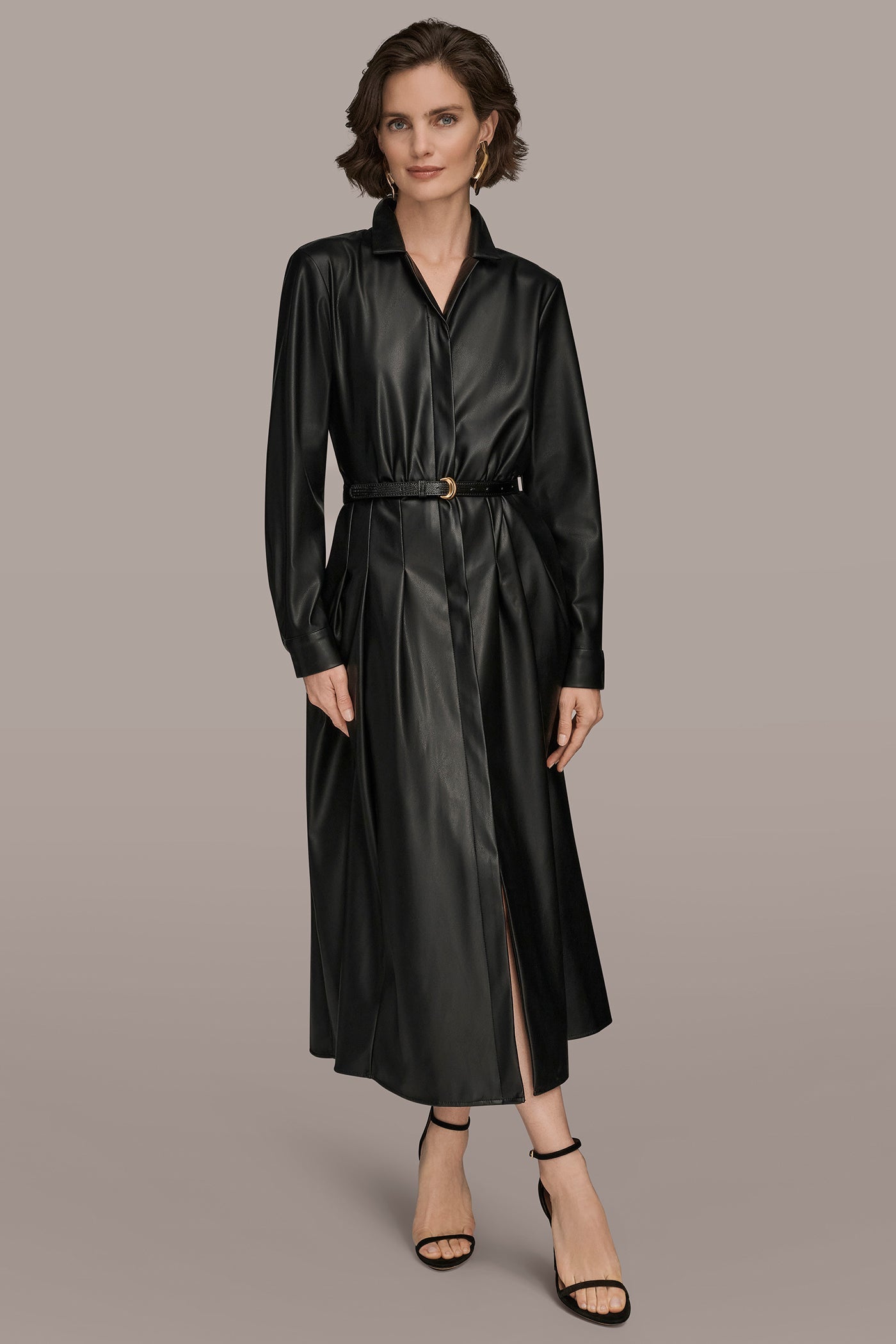 Donna Karan | LONG SLEEVE FAUX LEATHER MIDI SHIRT DRESS