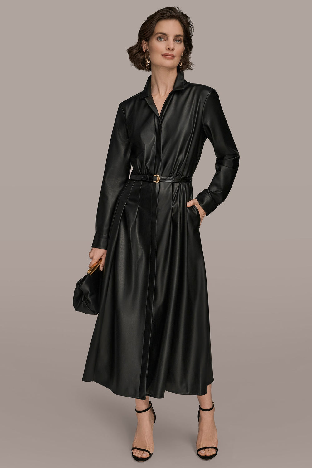 Donna Karan | LONG SLEEVE FAUX LEATHER MIDI SHIRT DRESS