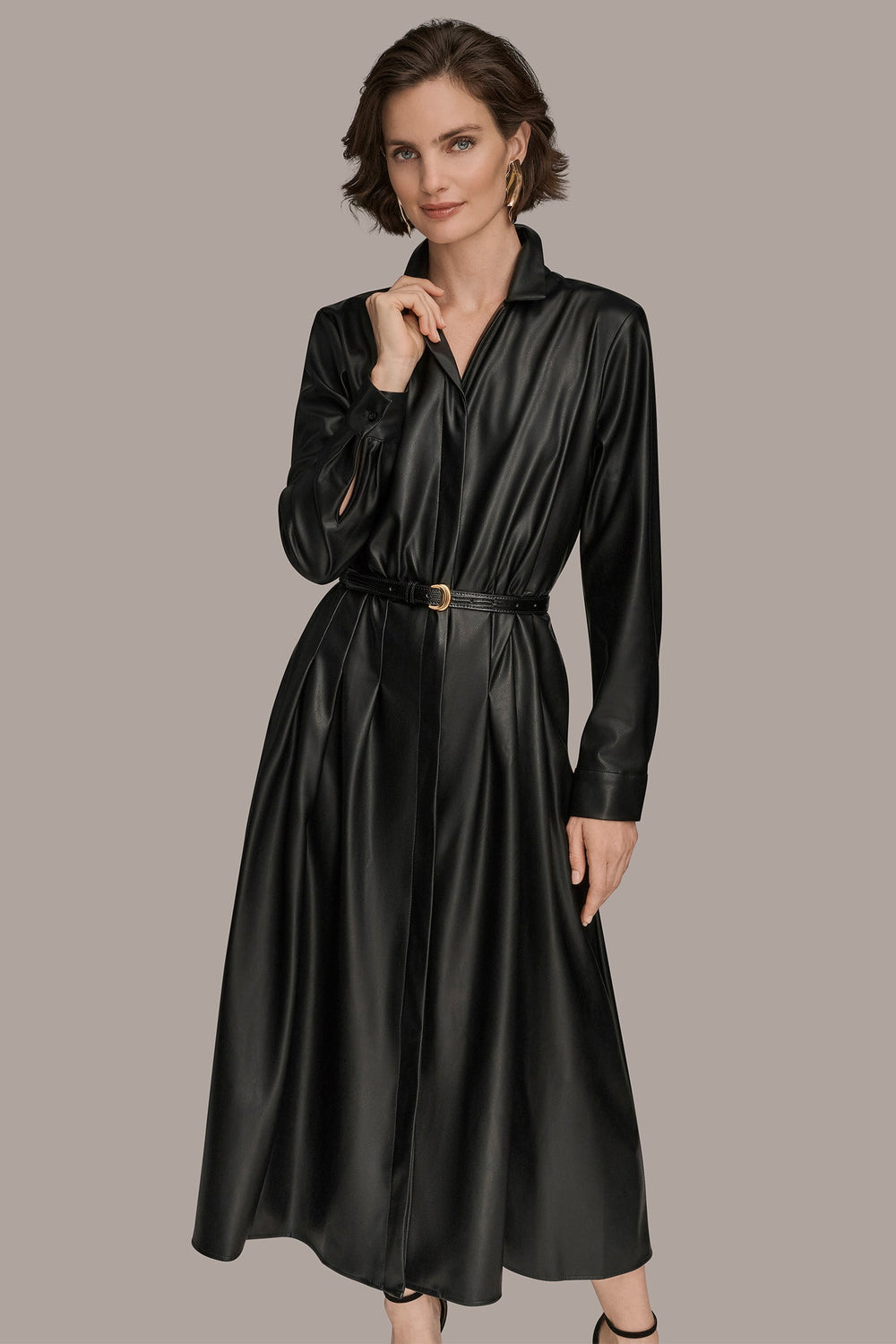 Donna Karan | LONG SLEEVE FAUX LEATHER MIDI SHIRT DRESS