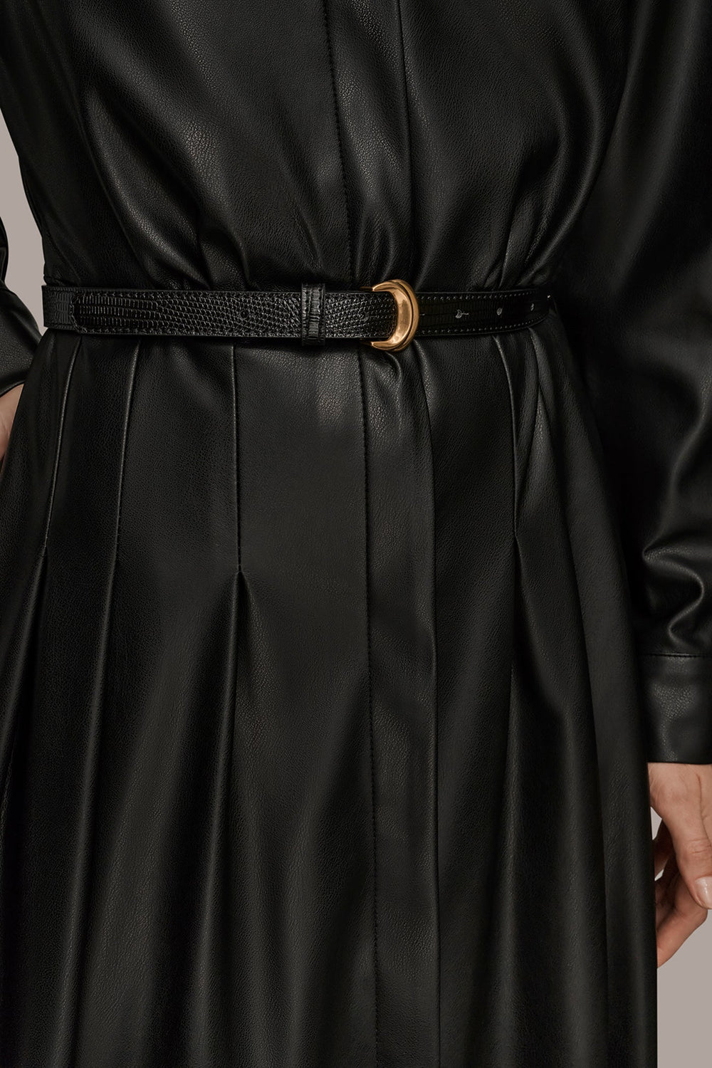 Donna Karan | LONG SLEEVE FAUX LEATHER MIDI SHIRT DRESS