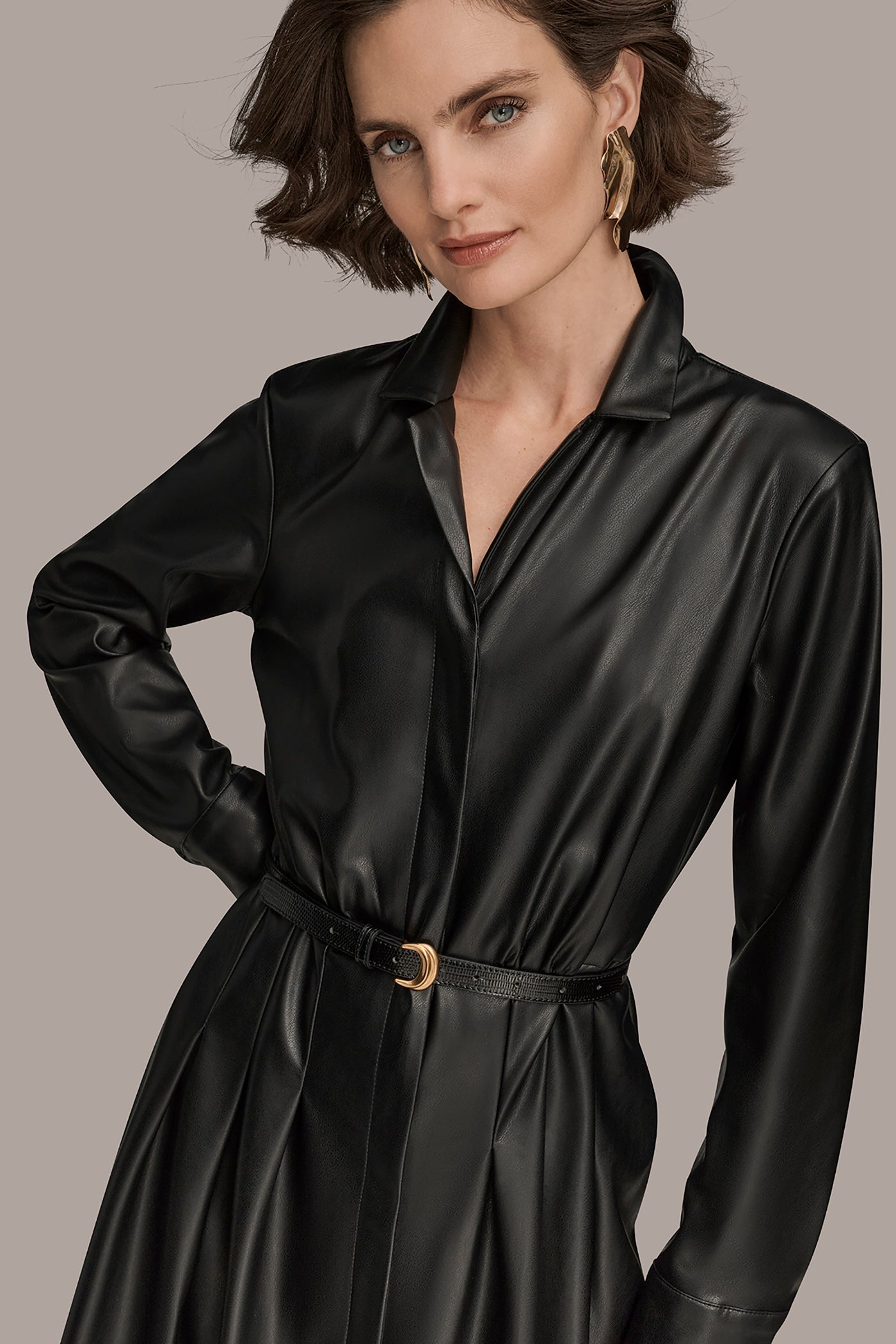 Donna Karan | LONG SLEEVE FAUX LEATHER MIDI SHIRT DRESS