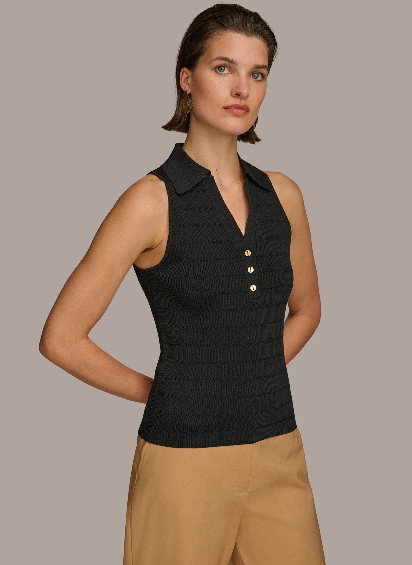 Donna Karan | TEXTURE SWEATER WITH  GOLD BUTTONS