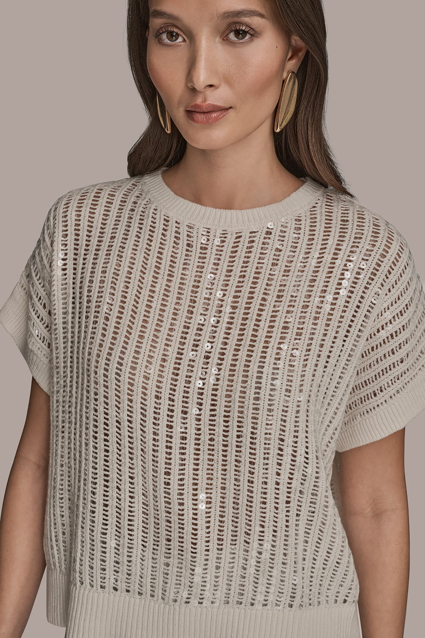Donna Karan | COTTON-BLEND SEQUIN OPEN-KNIT SWEATER