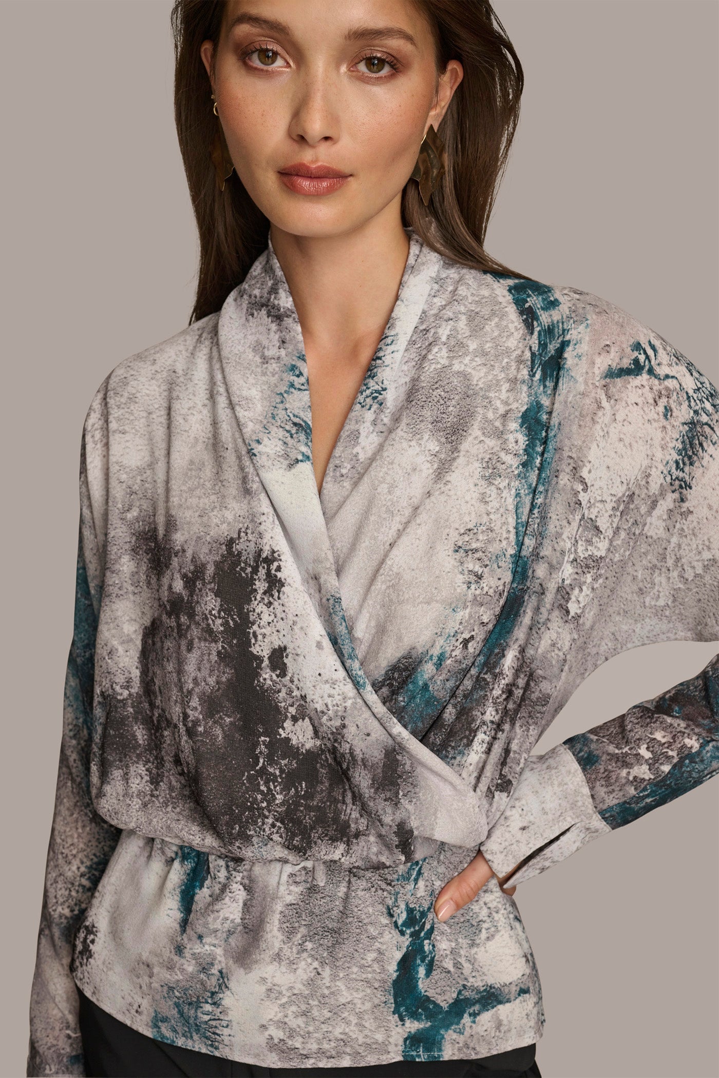 Donna Karan | PRINTED FAUX WRAP BLOUSE
