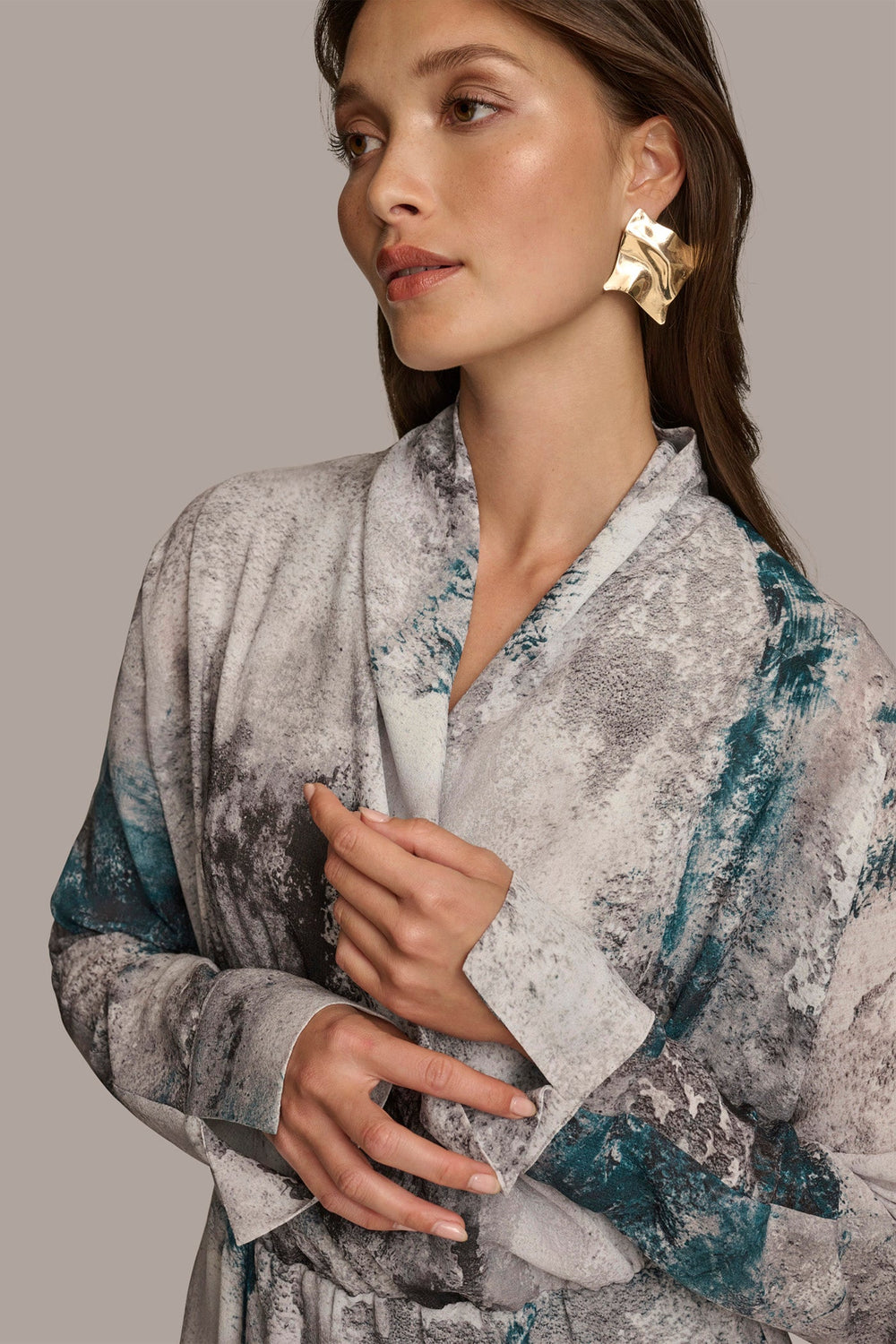 Donna Karan | PRINTED FAUX WRAP BLOUSE