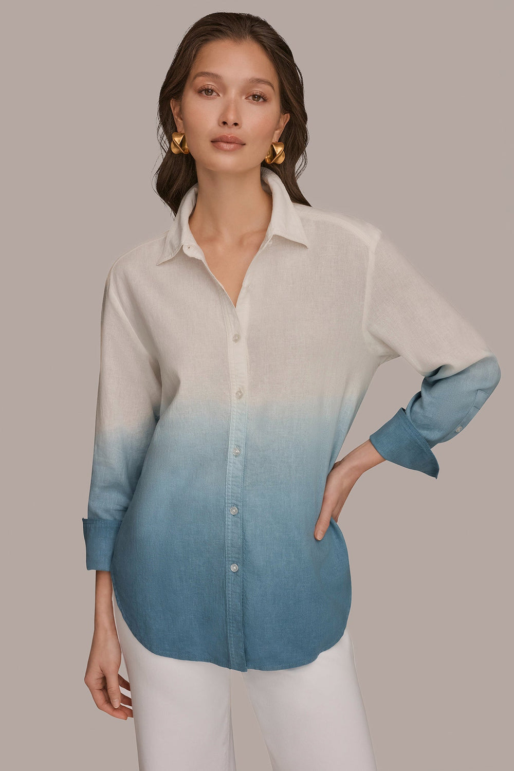 Donna Karan | LINEN-BLEND DIP-DYED STRIPED SHIRT