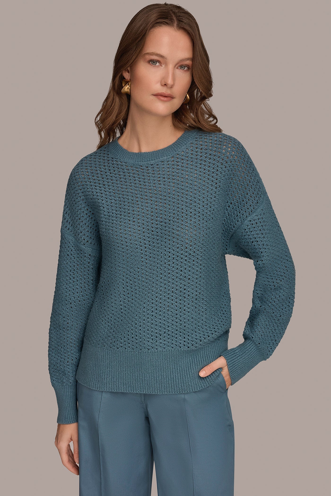 Donna Karan | LONG SLEEVE OPEN STITCH SWEATER