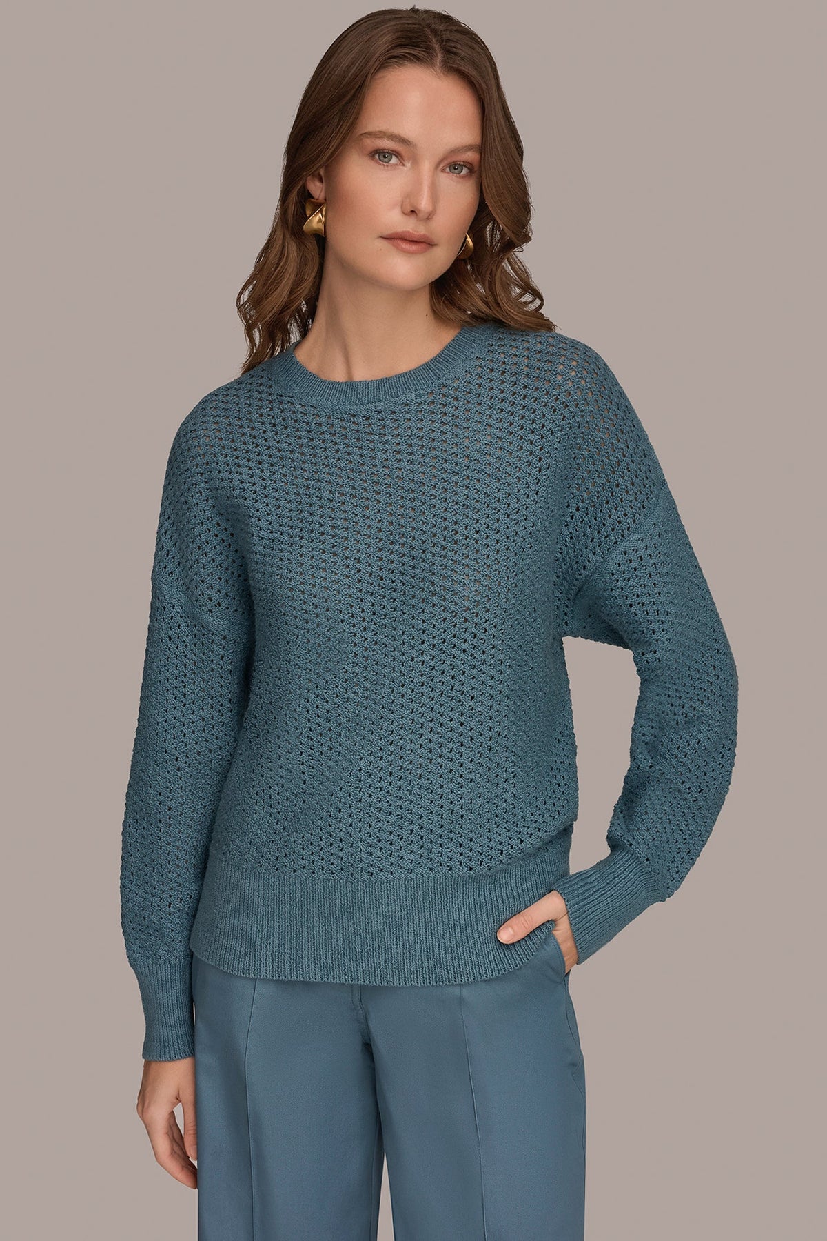 Donna Karan | LONG SLEEVE OPEN STITCH SWEATER