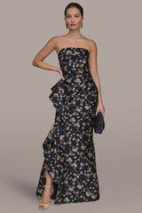 Donna Karan | STRAPLESS FLORAL RUFFLED HIGH-SPLIT GOWN