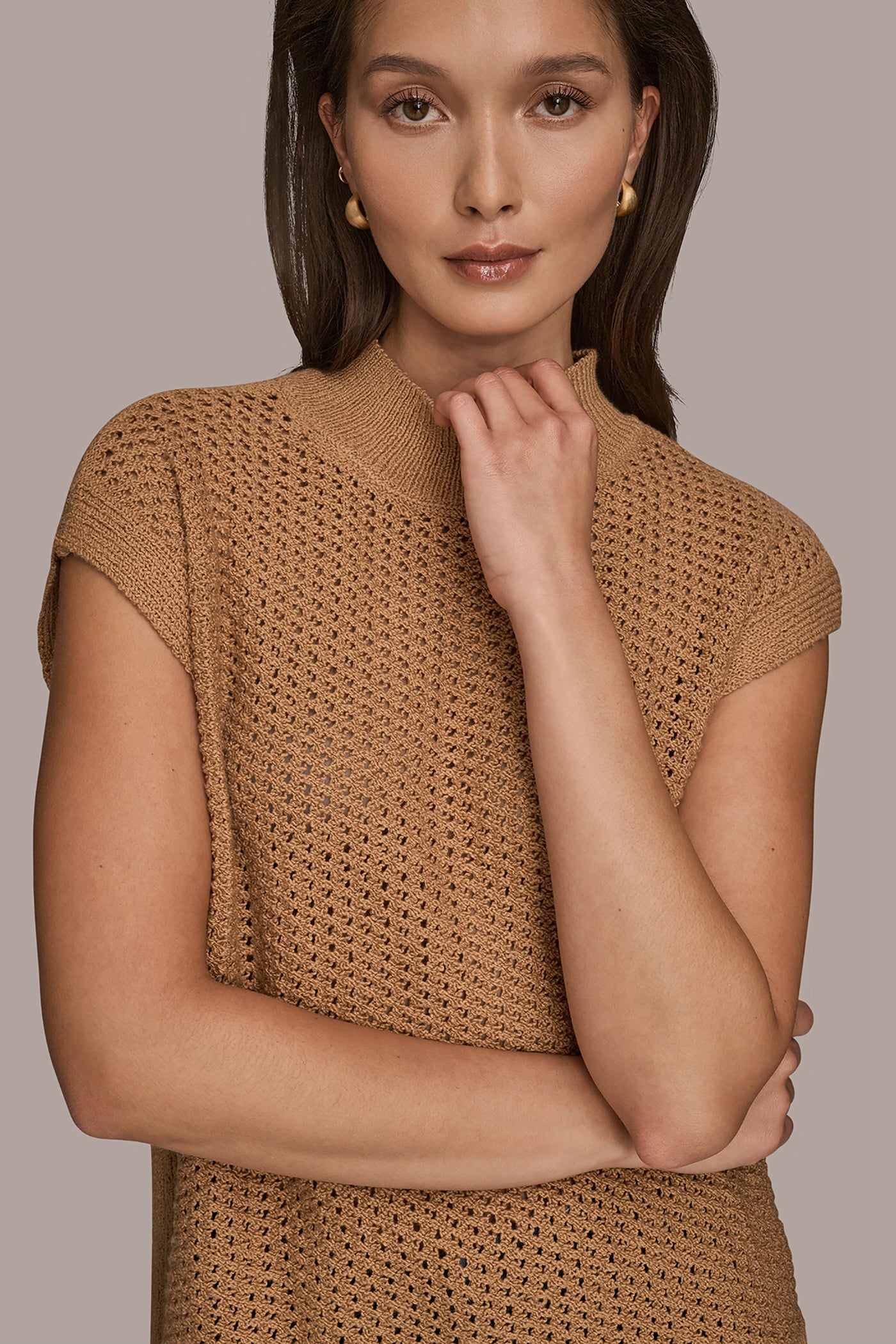 Donna Karan | SLEEVELESS MOCK-NECK OPEN STITCH SWEATER