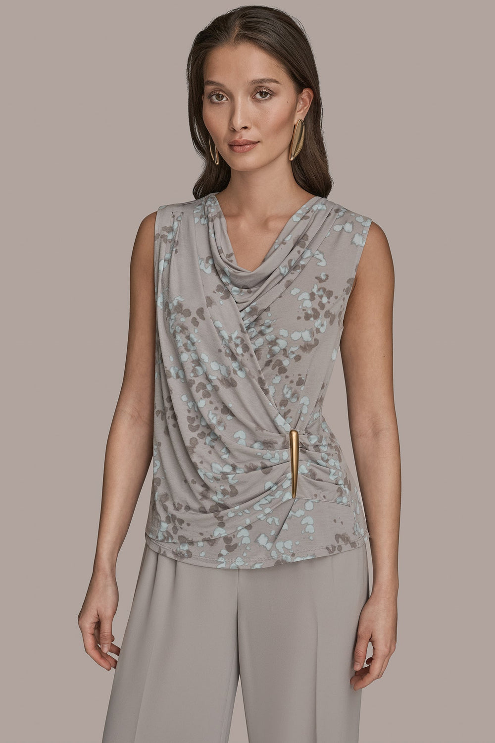 Donna Karan | PRINTED SLEEVELESS COWL-NECK WRAP TOP