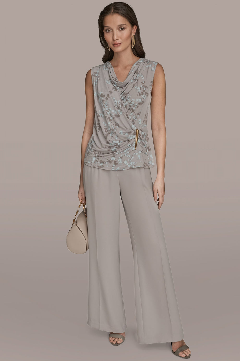 Donna Karan | PRINTED SLEEVELESS COWL-NECK WRAP TOP