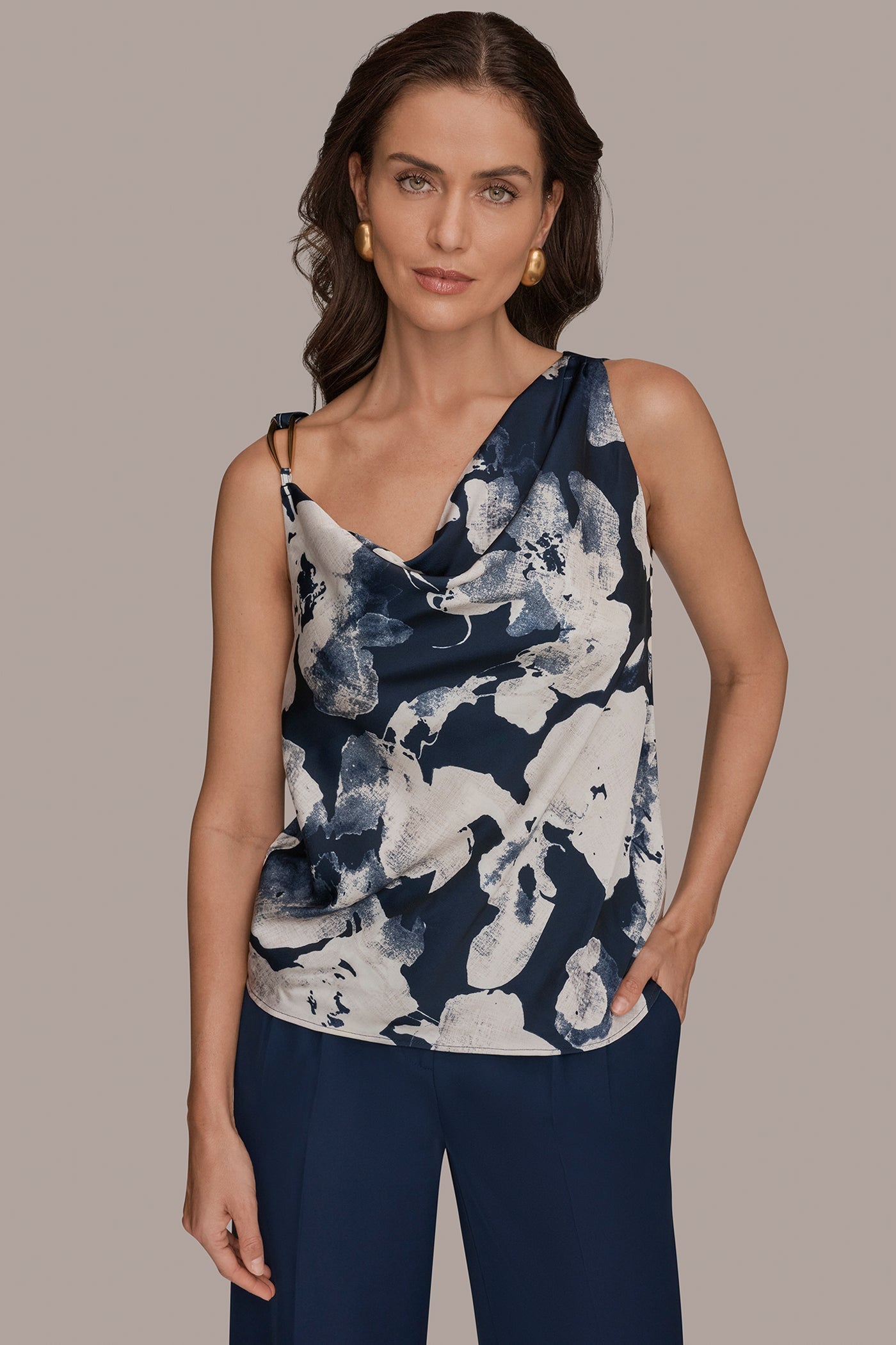 Donna Karan | SATIN FLORAL COWL-NECK CUTOUT SHOULDER CAMI