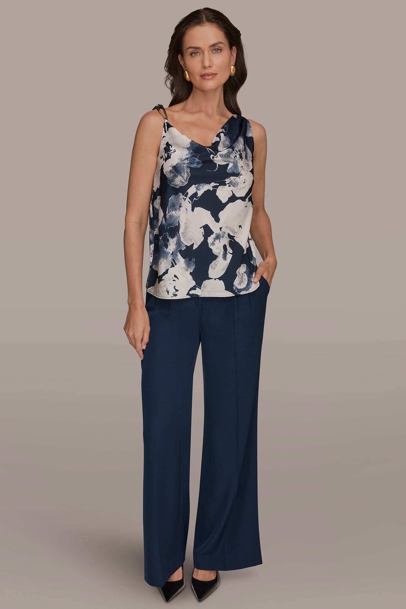 Donna Karan | SATIN FLORAL COWL-NECK CUTOUT SHOULDER CAMI