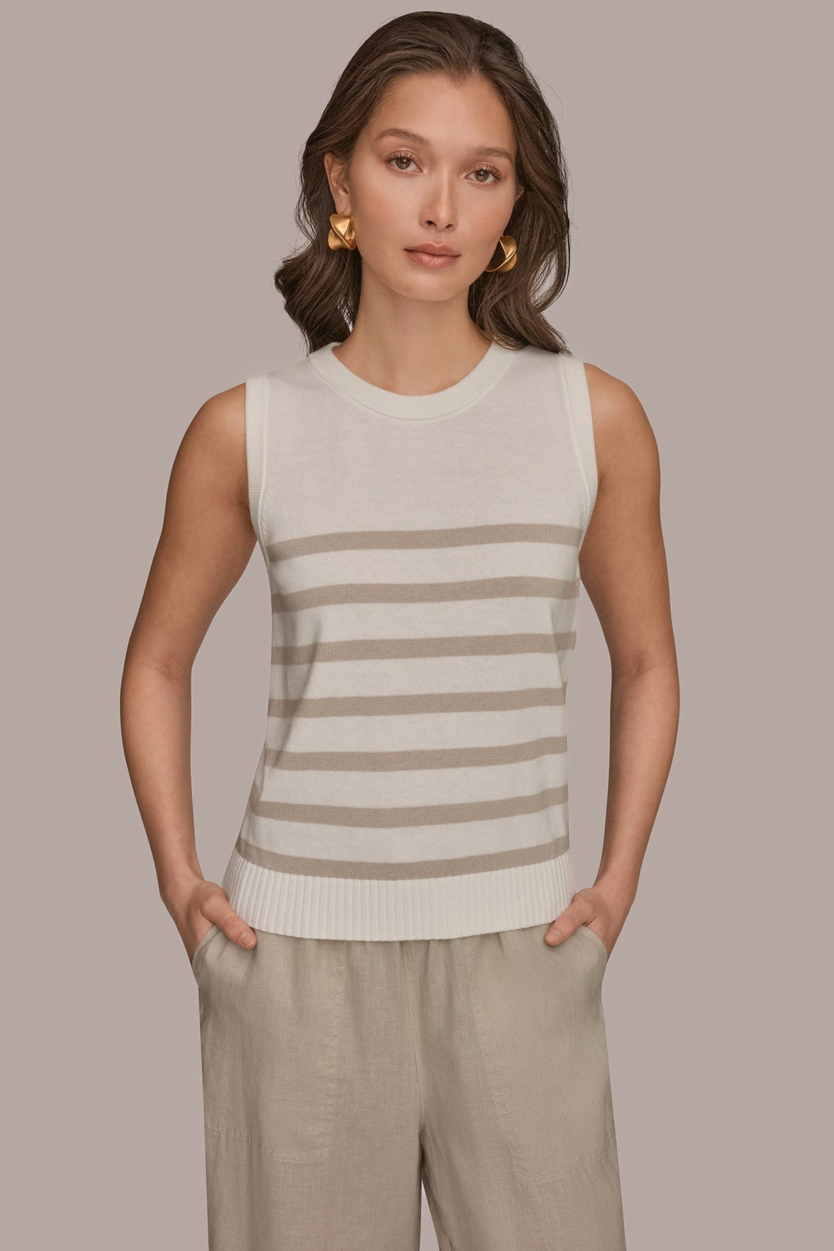 Donna Karan | COTTON AND CASHMERE SLEEVELESS STRIPED SWEATER