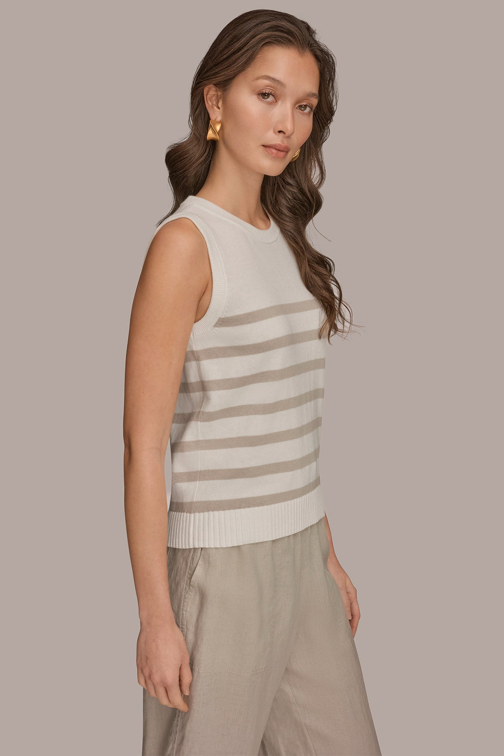 Donna Karan | COTTON AND CASHMERE SLEEVELESS STRIPED SWEATER