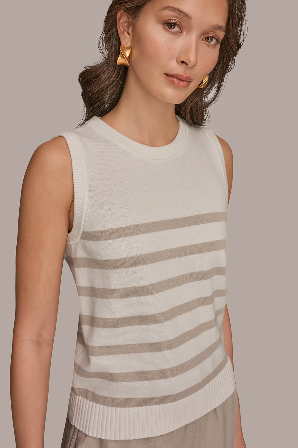 Donna Karan | COTTON AND CASHMERE SLEEVELESS STRIPED SWEATER