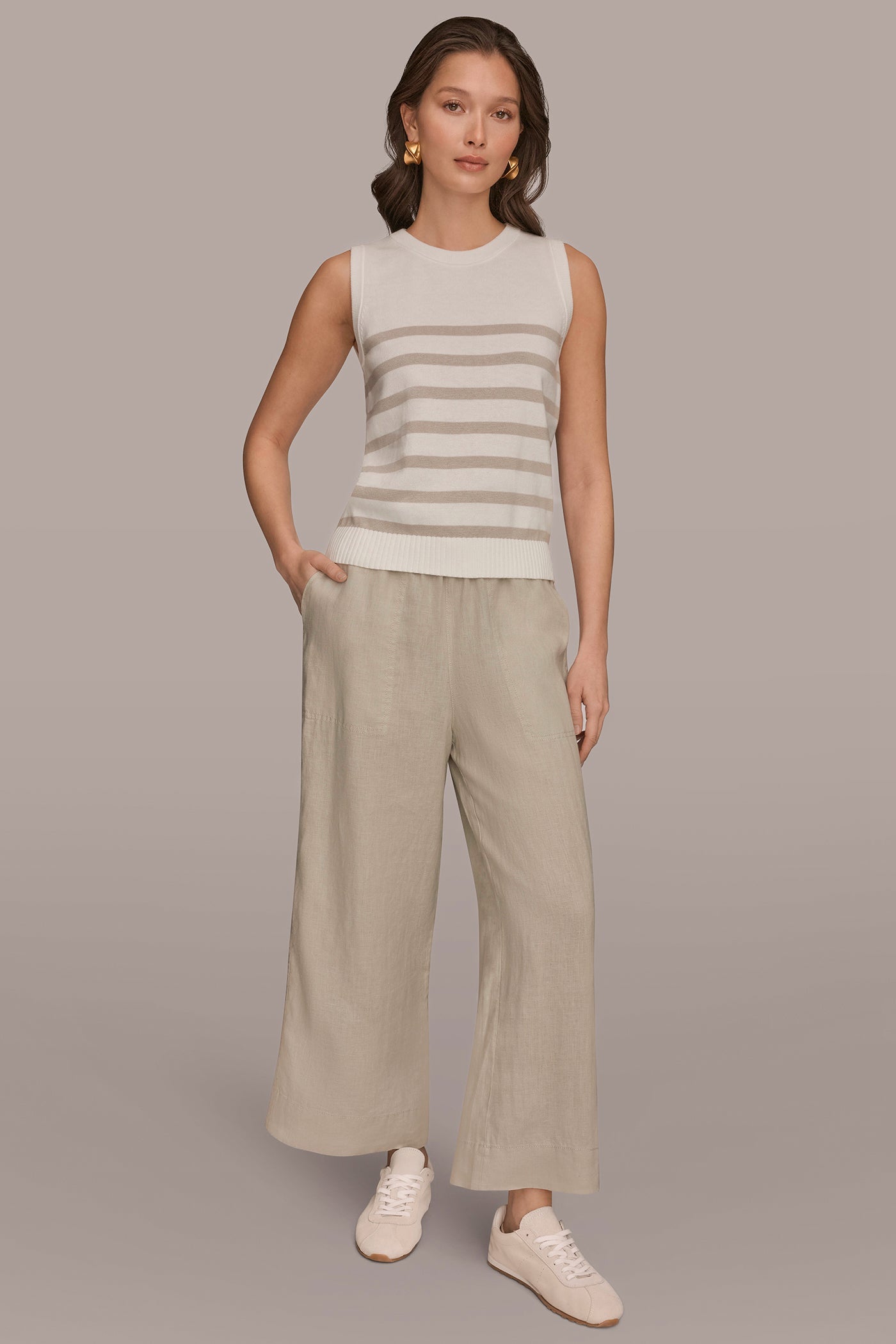 Donna Karan | COTTON AND CASHMERE SLEEVELESS STRIPED SWEATER