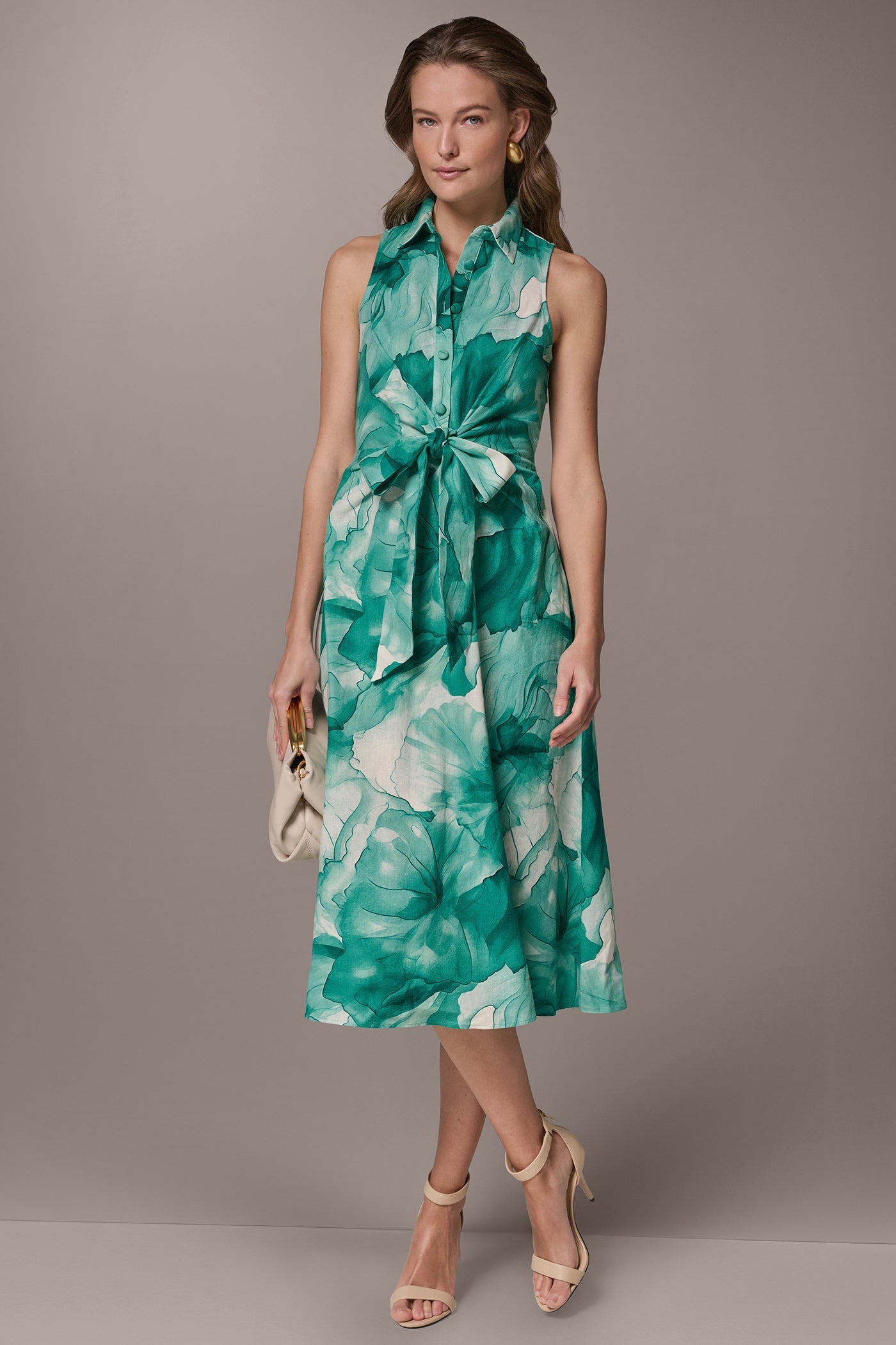Donna Karan | LINEN-BLEND FLORAL MIDI SHIRT DRESS