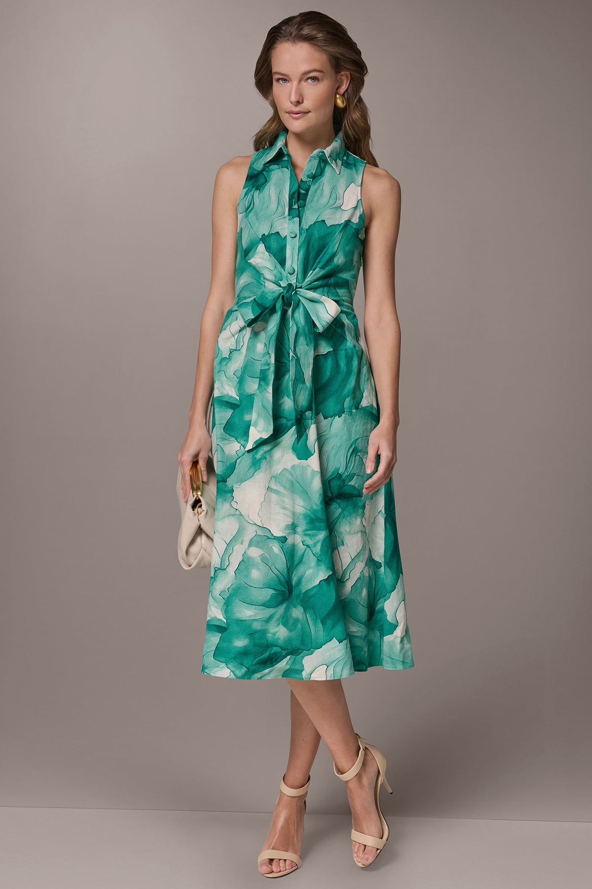 Donna Karan | LINEN-BLEND FLORAL MIDI SHIRT DRESS