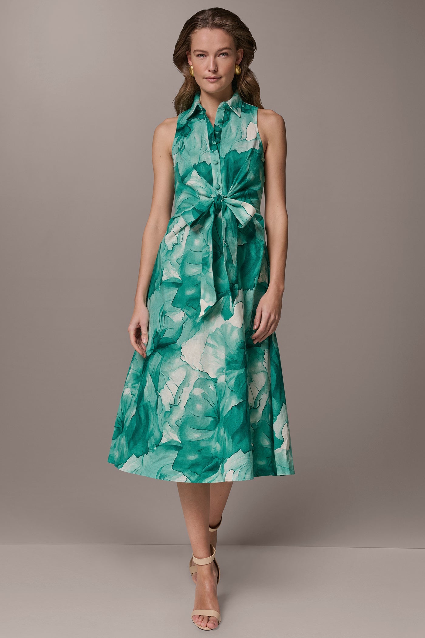 Donna Karan | LINEN-BLEND FLORAL MIDI SHIRT DRESS