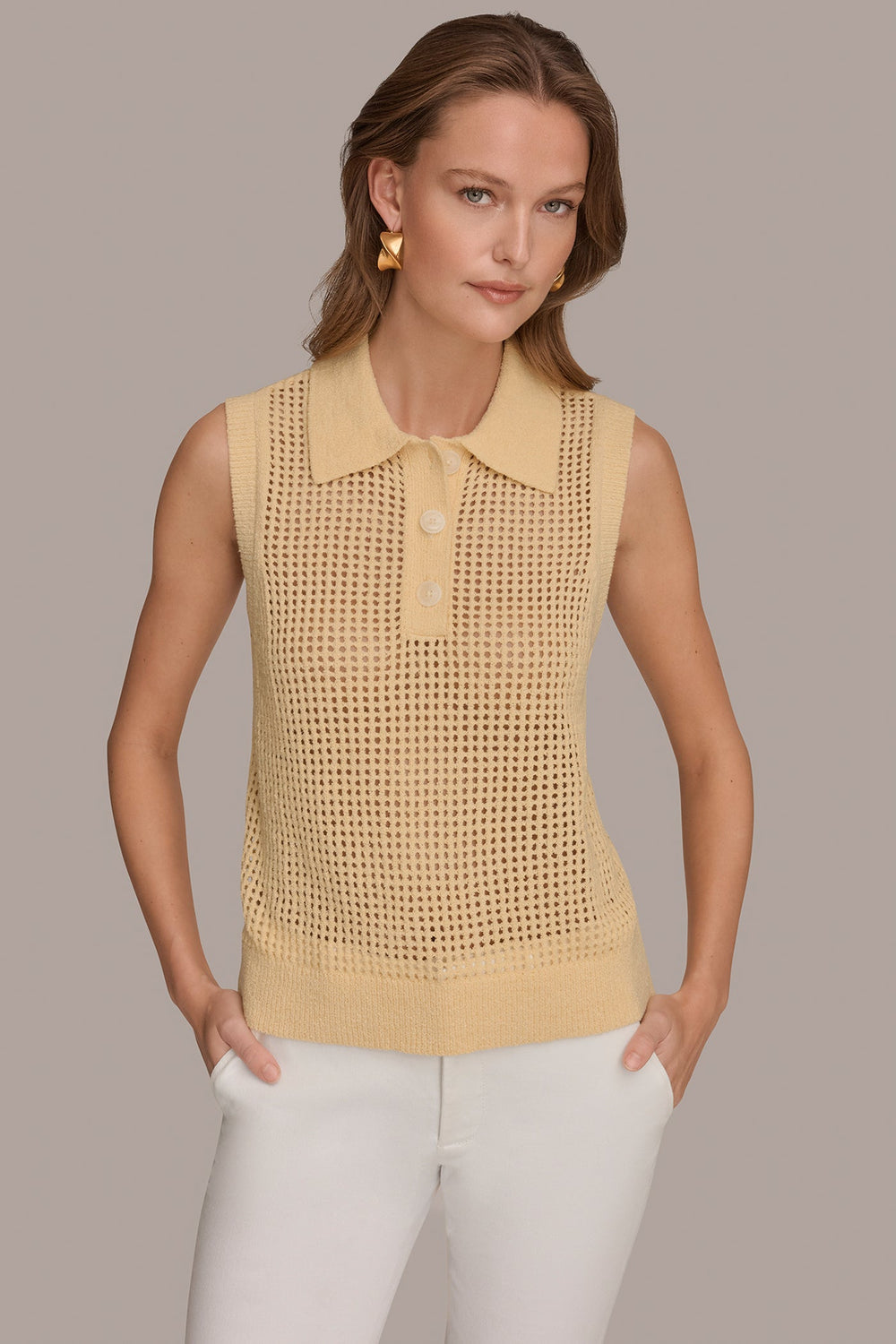 Donna Karan | SLEEVELESS OPEN STITCH POLO SWEATER