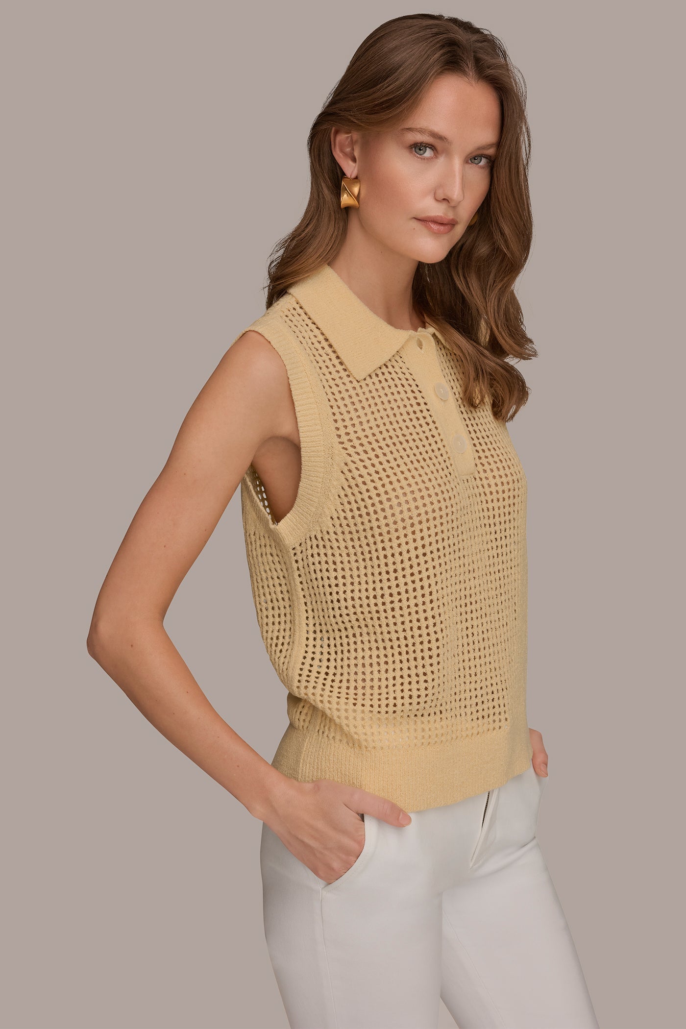 Donna Karan | SLEEVELESS OPEN STITCH POLO SWEATER